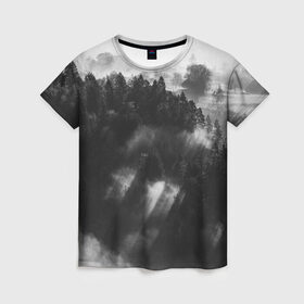 Женская футболка 3D с принтом Туман в лесу в Новосибирске, 100% полиэфир ( синтетическое хлопкоподобное полотно) | прямой крой, круглый вырез горловины, длина до линии бедер | tegunvteg | деревья | лес | листья | природа | темный лес | туман