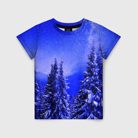 Детская футболка 3D с принтом Зимний лес в Новосибирске, 100% гипоаллергенный полиэфир | прямой крой, круглый вырез горловины, длина до линии бедер, чуть спущенное плечо, ткань немного тянется | tegunvteg | деревья | зима | зимний лес | лес | листья | мороз | природа | снег | темный лес