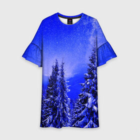 Детское платье 3D с принтом Зимний лес в Новосибирске, 100% полиэстер | прямой силуэт, чуть расширенный к низу. Круглая горловина, на рукавах — воланы | tegunvteg | деревья | зима | зимний лес | лес | листья | мороз | природа | снег | темный лес