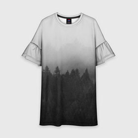 Детское платье 3D с принтом Туманный лес в Новосибирске, 100% полиэстер | прямой силуэт, чуть расширенный к низу. Круглая горловина, на рукавах — воланы | Тематика изображения на принте: tegunvteg | деревья | лес | листья | природа | темный лес | туман | туманный лес