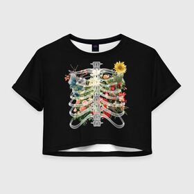 Женская футболка Crop-top 3D с принтом Flowers in Me в Новосибирске, 100% полиэстер | круглая горловина, длина футболки до линии талии, рукава с отворотами | 8 | bones | day | flowers | girl | girlfriend | girls | inside | love | lovers | march | roses | women | womens | x ray | внутри | девушка | девушки | день | женский | женщина | кости | любовь | марта | ребра | рентген | розы | скелет | цветок |