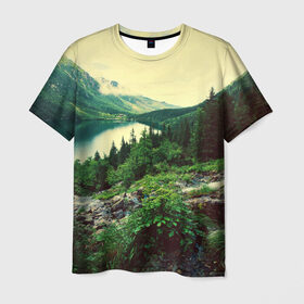 Мужская футболка 3D с принтом Красивый лес в Новосибирске, 100% полиэфир | прямой крой, круглый вырез горловины, длина до линии бедер | Тематика изображения на принте: tegunvteg | горы | деревья | красивый лес | лес | листья | природа | река | темный лес