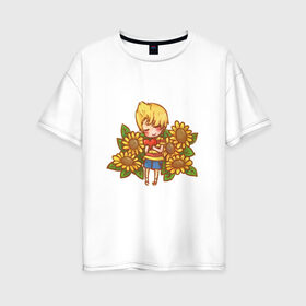 Женская футболка хлопок Oversize с принтом мальчик подсолнухи сердце в Новосибирске, 100% хлопок | свободный крой, круглый ворот, спущенный рукав, длина до линии бедер
 | акварель | желтый | краска | лето | мальчик | оранжевый | парень | подарок | подсолнухи | рисунок | сердце | солнце | цветы | ярко