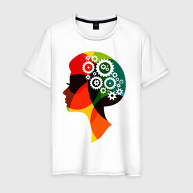Мужская футболка хлопок с принтом шестеренки в женской голове в Новосибирске, 100% хлопок | прямой крой, круглый вырез горловины, длина до линии бедер, слегка спущенное плечо. | арт | весна | восьмерка | голова | девушка | женский день | женщина | идеи | креатив | праздник | рисунок | руководитель | силуэт | ум | цветы | шестеренки