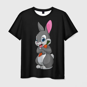 Мужская футболка 3D с принтом ЗАЙКА в Новосибирске, 100% полиэфир | прямой крой, круглый вырез горловины, длина до линии бедер | Тематика изображения на принте: bunny | cartoon | hare | rabbit | белый | зайчик | заяц | кролик | морковка | мультик | серый
