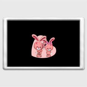 Магнит 45*70 с принтом ЗАЙЧИКИ в Новосибирске, Пластик | Размер: 78*52 мм; Размер печати: 70*45 | bunny | cartoon | hare | rabbit | зайка | заяц | кролик | мультик | розовый | цветы