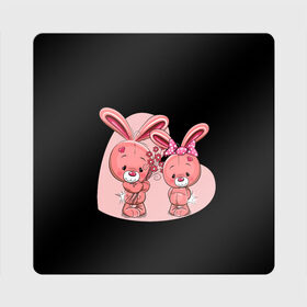 Магнит виниловый Квадрат с принтом ЗАЙЧИКИ в Новосибирске, полимерный материал с магнитным слоем | размер 9*9 см, закругленные углы | bunny | cartoon | hare | rabbit | зайка | заяц | кролик | мультик | розовый | цветы