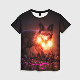 Женская футболка 3D с принтом Лисица с фонариками в Новосибирске, 100% полиэфир ( синтетическое хлопкоподобное полотно) | прямой крой, круглый вырез горловины, длина до линии бедер | fox | foxy | животное | звери | лиса | лисенок | лисичка | милая | рыжая | фокс