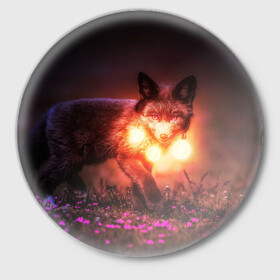 Значок с принтом Лисица с фонариками в Новосибирске,  металл | круглая форма, металлическая застежка в виде булавки | fox | foxy | животное | звери | лиса | лисенок | лисичка | милая | рыжая | фокс