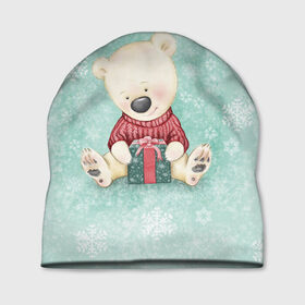Шапка 3D с принтом Медвежонок с подарком в Новосибирске, 100% полиэстер | универсальный размер, печать по всей поверхности изделия | зима | медвежонок | новый год | подарок | рождество | свитер | снежинки