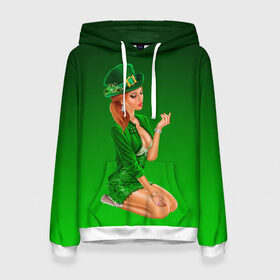 Женская толстовка 3D с принтом девушка лепрекон в зеленом в Новосибирске, 100% полиэстер  | двухслойный капюшон со шнурком для регулировки, мягкие манжеты на рукавах и по низу толстовки, спереди карман-кенгуру с мягким внутренним слоем. | 17 марта | девушка | день святого патрика | зеленый | зеленый костюм | ирландия | клевер | кружка | лепрекон | модель | монеты | рисунок | традиции | эль
