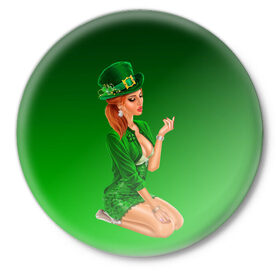 Значок с принтом девушка лепрекон в зеленом в Новосибирске,  металл | круглая форма, металлическая застежка в виде булавки | 17 марта | девушка | день святого патрика | зеленый | зеленый костюм | ирландия | клевер | кружка | лепрекон | модель | монеты | рисунок | традиции | эль