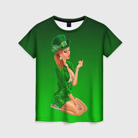 Женская футболка 3D с принтом девушка лепрекон в зеленом в Новосибирске, 100% полиэфир ( синтетическое хлопкоподобное полотно) | прямой крой, круглый вырез горловины, длина до линии бедер | 17 марта | девушка | день святого патрика | зеленый | зеленый костюм | ирландия | клевер | кружка | лепрекон | модель | монеты | рисунок | традиции | эль