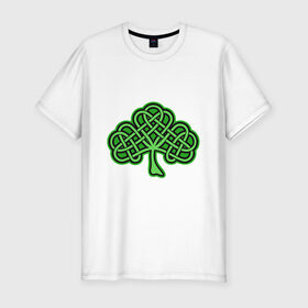 Мужская футболка хлопок Slim с принтом кельтский клевер в Новосибирске, 92% хлопок, 8% лайкра | приталенный силуэт, круглый вырез ворота, длина до линии бедра, короткий рукав | Тематика изображения на принте: 17 марта | день святого патрика | дерево | зеленый | ирландия | кельтский узор | клевер | рисунок | традиции | трехлистник