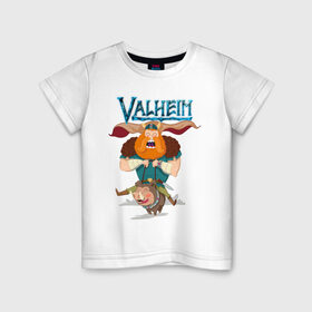 Детская футболка хлопок с принтом Valheim в Новосибирске, 100% хлопок | круглый вырез горловины, полуприлегающий силуэт, длина до линии бедер | fantasy | mmo | valheim | valve | валхейм | вальхейм | викинги | выживалка | игра | королевская битва | ммо | ролевая игра | фэнтази