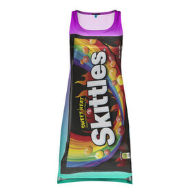 Платье-майка 3D с принтом Skittles | Черный в Новосибирске, 100% полиэстер | полуприлегающий силуэт, широкие бретели, круглый вырез горловины, удлиненный подол сзади. | black | skittles | sweet heat | градиент | зеленый | радуга | розовый | синий | скитлс | черный