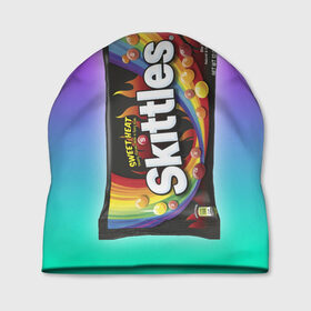 Шапка 3D с принтом Skittles | Черный в Новосибирске, 100% полиэстер | универсальный размер, печать по всей поверхности изделия | black | skittles | sweet heat | градиент | зеленый | радуга | розовый | синий | скитлс | черный