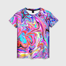 Женская футболка 3D с принтом ЖИДКИЕ КРАСКИ в Новосибирске, 100% полиэфир ( синтетическое хлопкоподобное полотно) | прямой крой, круглый вырез горловины, длина до линии бедер | colorfull | multicolor | абстрактный | абстракция | акварель | гуашь | жидкий | летняя | мода2021 | подтеки | психоделический | разводы краски | разноцветная | стиль | трендовый | яркий принт
