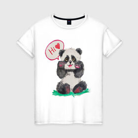 Женская футболка хлопок с принтом Акварельная милая панда в Новосибирске, 100% хлопок | прямой крой, круглый вырез горловины, длина до линии бедер, слегка спущенное плечо | hi | акварель | любовь | мило | няшно | панда | привет