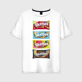 Женская футболка хлопок Oversize с принтом Skittles | Разнообразие в Новосибирске, 100% хлопок | свободный крой, круглый ворот, спущенный рукав, длина до линии бедер
 | 4 штуки | freeze pop | limited edition | long lost time | original | skittles | sweet heat | sweet sours | желтый | красный | ориджинл | разнообразие | синий | скитлс | черный