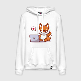 Женская толстовка хлопок с принтом Cute fox and laptop в Новосибирске, френч-терри, мягкий теплый начес внутри (100% хлопок) | карман-кенгуру, эластичные манжеты и нижняя кромка, капюшон с подкладом и шнурком | Тематика изображения на принте: fox | laptop | love | кицуне | кицунэ | комп | компьютер | лапа | лапка | лиса | лисенок | лисичка | лэптоп | любовь | ноут | ноутбук | отпечаток | очки | привет | рука | ручка | сердечко | сердце