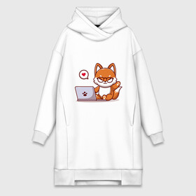 Платье-худи хлопок с принтом Cute fox and laptop в Новосибирске,  |  | Тематика изображения на принте: fox | laptop | love | кицуне | кицунэ | комп | компьютер | лапа | лапка | лиса | лисенок | лисичка | лэптоп | любовь | ноут | ноутбук | отпечаток | очки | привет | рука | ручка | сердечко | сердце