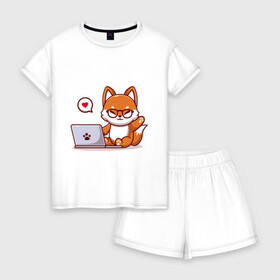 Женская пижама с шортиками хлопок с принтом Cute fox and laptop в Новосибирске, 100% хлопок | футболка прямого кроя, шорты свободные с широкой мягкой резинкой | Тематика изображения на принте: fox | laptop | love | кицуне | кицунэ | комп | компьютер | лапа | лапка | лиса | лисенок | лисичка | лэптоп | любовь | ноут | ноутбук | отпечаток | очки | привет | рука | ручка | сердечко | сердце