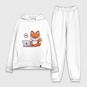 Женский костюм хлопок Oversize с принтом Cute fox and laptop в Новосибирске,  |  | Тематика изображения на принте: fox | laptop | love | кицуне | кицунэ | комп | компьютер | лапа | лапка | лиса | лисенок | лисичка | лэптоп | любовь | ноут | ноутбук | отпечаток | очки | привет | рука | ручка | сердечко | сердце