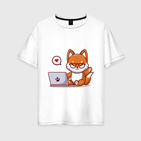Женская футболка хлопок Oversize с принтом Cute fox and laptop в Новосибирске, 100% хлопок | свободный крой, круглый ворот, спущенный рукав, длина до линии бедер
 | fox | laptop | love | кицуне | кицунэ | комп | компьютер | лапа | лапка | лиса | лисенок | лисичка | лэптоп | любовь | ноут | ноутбук | отпечаток | очки | привет | рука | ручка | сердечко | сердце