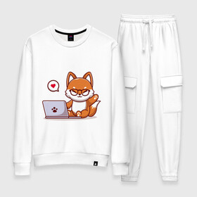 Женский костюм хлопок с принтом Cute fox and laptop в Новосибирске, 100% хлопок | на свитшоте круглая горловина, мягкая резинка по низу. Брюки заужены к низу, на них два вида карманов: два 