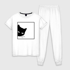 Женская пижама хлопок с принтом BLACK CAT | ЧЕРНАЯ КОШКА в Новосибирске, 100% хлопок | брюки и футболка прямого кроя, без карманов, на брюках мягкая резинка на поясе и по низу штанин | black | cat | cats | creative | hunter | minimalism | night | кот | коте | котенок | котэ | кошка | креатив | креативная | минимализм | надпись | ночь | охотник | текст | черная | черный