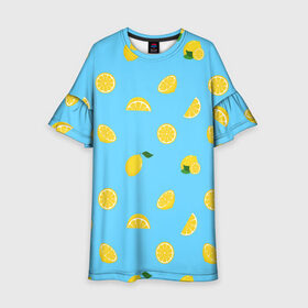 Детское платье 3D с принтом Лимоны на голубом в Новосибирске, 100% полиэстер | прямой силуэт, чуть расширенный к низу. Круглая горловина, на рукавах — воланы | citrus | lemon | pattern | seamless | summer | tropical | желтый | лето | лимон | природа | тропики | узор | фрукты | цитрус | экзотика