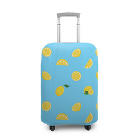Чехол для чемодана 3D с принтом Лимоны на голубом в Новосибирске, 86% полиэфир, 14% спандекс | двустороннее нанесение принта, прорези для ручек и колес | Тематика изображения на принте: citrus | lemon | pattern | seamless | summer | tropical | желтый | лето | лимон | природа | тропики | узор | фрукты | цитрус | экзотика