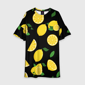 Детское платье 3D с принтом Лимоны на чёрном в Новосибирске, 100% полиэстер | прямой силуэт, чуть расширенный к низу. Круглая горловина, на рукавах — воланы | citrus natural fruit | fresh | illustration | organic | pattern | texture | лето | лимон | свежесть | тропики | узор | фон | фрукты | цитрус | экзотика