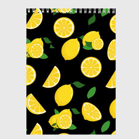 Скетчбук с принтом Лимоны на чёрном в Новосибирске, 100% бумага
 | 48 листов, плотность листов — 100 г/м2, плотность картонной обложки — 250 г/м2. Листы скреплены сверху удобной пружинной спиралью | Тематика изображения на принте: citrus natural fruit | fresh | illustration | organic | pattern | texture | лето | лимон | свежесть | тропики | узор | фон | фрукты | цитрус | экзотика