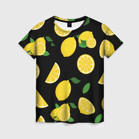 Женская футболка 3D с принтом Лимоны на чёрном в Новосибирске, 100% полиэфир ( синтетическое хлопкоподобное полотно) | прямой крой, круглый вырез горловины, длина до линии бедер | citrus natural fruit | fresh | illustration | organic | pattern | texture | лето | лимон | свежесть | тропики | узор | фон | фрукты | цитрус | экзотика