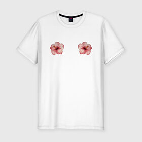 Мужская футболка хлопок Slim с принтом Тропические цветы в Новосибирске, 92% хлопок, 8% лайкра | приталенный силуэт, круглый вырез ворота, длина до линии бедра, короткий рукав | бра | гибискус | лето | лифчик | ракушки | тропики | феминизм | цветок | цветы
