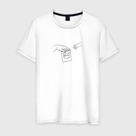 Мужская футболка хлопок с принтом Вискас в Новосибирске, 100% хлопок | прямой крой, круглый вырез горловины, длина до линии бедер, слегка спущенное плечо. | Тематика изображения на принте: вискас | животные | искусство | кот | котик | прикол | сотворение адама | юмор