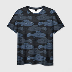 Мужская футболка 3D с принтом Синие рыбы на темном фоне в Новосибирске, 100% полиэфир | прямой крой, круглый вырез горловины, длина до линии бедер | Тематика изображения на принте: морской паттерн | подводный мир | рыбы | синие рыбы