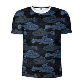 Мужская футболка 3D спортивная с принтом Синие рыбы на темном фоне в Новосибирске, 100% полиэстер с улучшенными характеристиками | приталенный силуэт, круглая горловина, широкие плечи, сужается к линии бедра | Тематика изображения на принте: морской паттерн | подводный мир | рыбы | синие рыбы