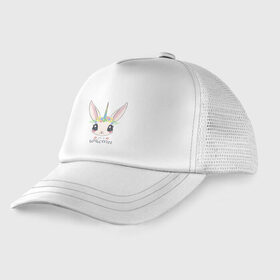 Детская кепка тракер с принтом Кролик-единорог в Новосибирске, Козырек - 100% хлопок. Кепка - 100% полиэстер, Задняя часть - сетка | универсальный размер, пластиковая застёжка | bunny | cute | unicorn | единорог | кролик | милый | розовый | цветы