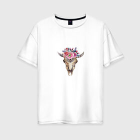 Женская футболка хлопок Oversize с принтом Черепушка в бохо-стиле в Новосибирске, 100% хлопок | свободный крой, круглый ворот, спущенный рукав, длина до линии бедер
 | бохо | бохо стиль | череп коровы | череп с цветами