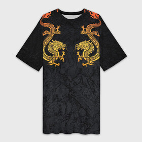 Платье-футболка 3D с принтом GOLD CHINA DRAGONS в Новосибирске,  |  | chine dragon | gold dragon | yellow dragon | без крыльев | желтый дракон | золотые драконы | китайский дракон