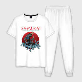Мужская пижама хлопок с принтом Самурай в Новосибирске, 100% хлопок | брюки и футболка прямого кроя, без карманов, на брюках мягкая резинка на поясе и по низу штанин
 | Тематика изображения на принте: воин | доспехи | катана | меч | руки | самурай | самурайский меч | страдания | япония