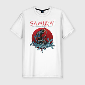 Мужская футболка хлопок Slim с принтом Самурай в Новосибирске, 92% хлопок, 8% лайкра | приталенный силуэт, круглый вырез ворота, длина до линии бедра, короткий рукав | воин | доспехи | катана | меч | руки | самурай | самурайский меч | страдания | япония