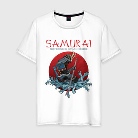 Мужская футболка хлопок с принтом Самурай в Новосибирске, 100% хлопок | прямой крой, круглый вырез горловины, длина до линии бедер, слегка спущенное плечо. | Тематика изображения на принте: воин | доспехи | катана | меч | руки | самурай | самурайский меч | страдания | япония