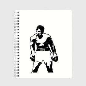 Тетрадь с принтом The Greatest (Muhammad Ali) в Новосибирске, 100% бумага | 48 листов, плотность листов — 60 г/м2, плотность картонной обложки — 250 г/м2. Листы скреплены сбоку удобной пружинной спиралью. Уголки страниц и обложки скругленные. Цвет линий — светло-серый
 | ali | clay | mohammed | али | боец | боксер | величайший | возможность | искусства | касиус | клей | личность | мозайка | мотивация | мохаммед | мухамед | перчатки | сила | слова | спорт | темный | узор