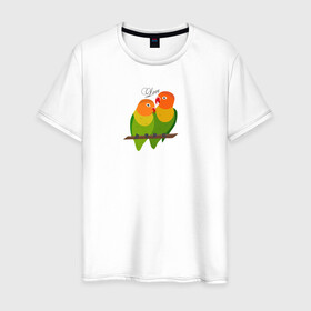 Мужская футболка хлопок с принтом Неразлучники в Новосибирске, 100% хлопок | прямой крой, круглый вырез горловины, длина до линии бедер, слегка спущенное плечо. | любовь | неразлучники | пара | попугаи | попугай | попугайчики | семейная пара