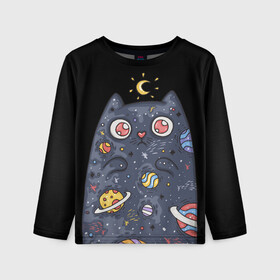 Детский лонгслив 3D с принтом КОСМИЧЕСКИЙ КОТ в Новосибирске, 100% полиэстер | длинные рукава, круглый вырез горловины, полуприлегающий силуэт
 | артемис | астероиды | вселенная | галактика | диана | звезды | кометы | космос | кот | котенок | котик | луна | месяц | ночь | планеты | сейлор мун | туманность | черная кошка