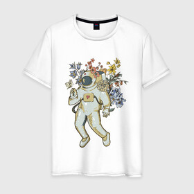Мужская футболка хлопок с принтом АСТРОНАВТ РОМАНТИК в Новосибирске, 100% хлопок | прямой крой, круглый вырез горловины, длина до линии бедер, слегка спущенное плечо. | астронавт | бабочка | космонавт | космос | полет | скафандр | цветы